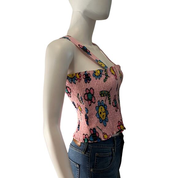 Lazy Oaf Pink Cropped Airbrush Flowers Shirred Tank Top, US 4 - Picture 3 of 7